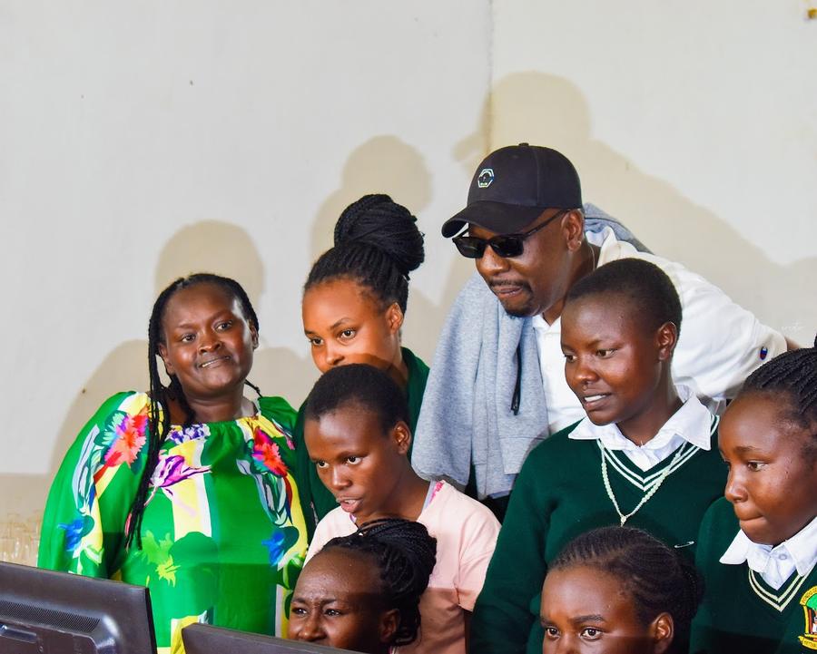 St. Rita Evergreen Girls School students in computer lab with GDP team — new technology, Nyahururu Kenya